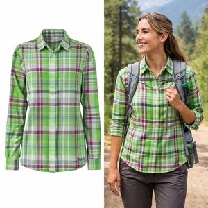 Marmot Plaid Button Down Shirt | Green Pink Gray | Merino Wool Blend | Large